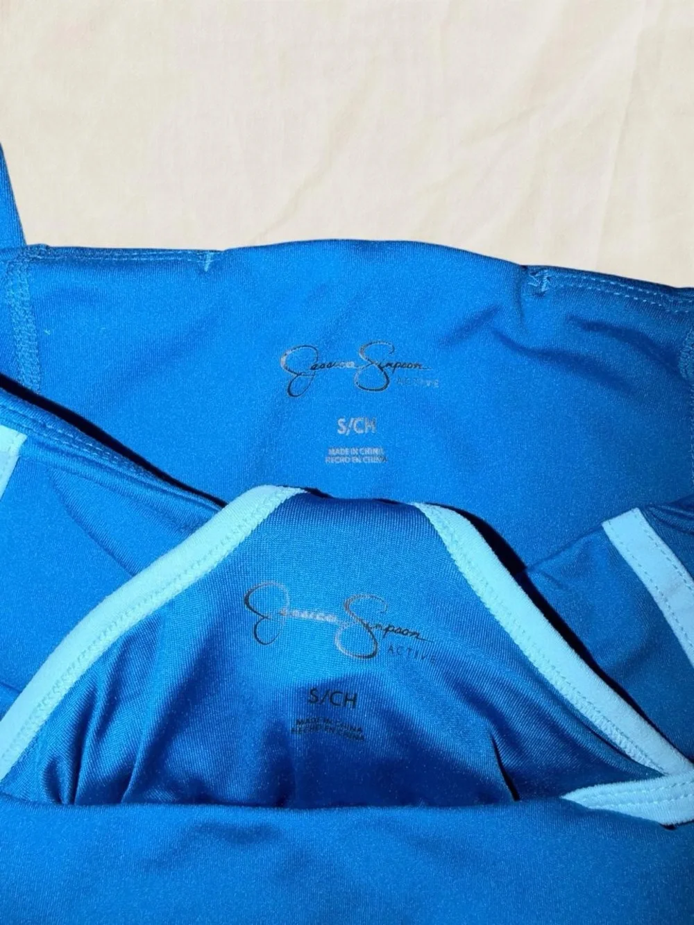 Jessica Simpson Blue Athletic Leggings & Sports Bra Set with Light Blue Trim